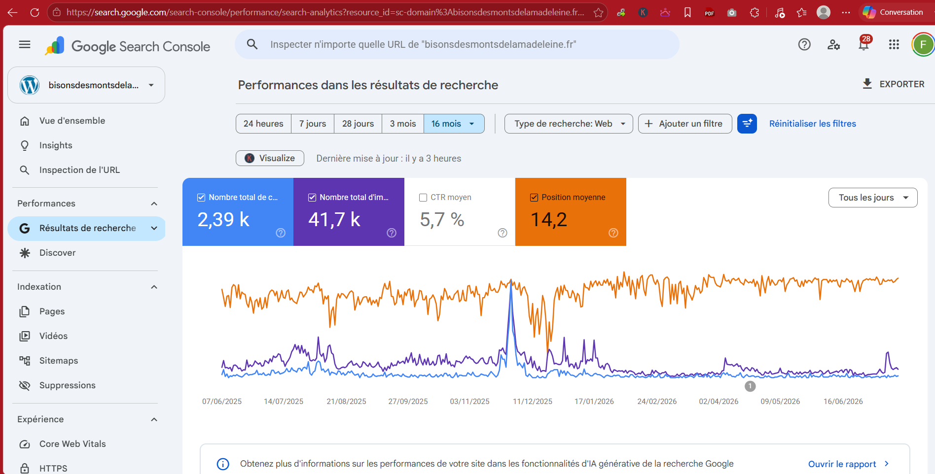 Performances Google Search Console du site Bisons des Monts de la Madeleine